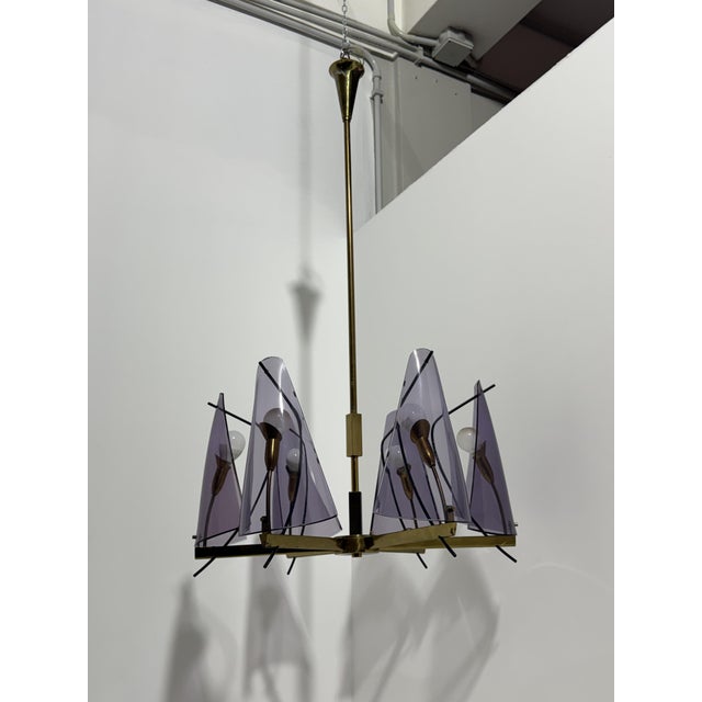 Brass and Purple Acrylic Glass Chandelier in the style of Stilux Milano, 1960s For Sale - Image 9 of 14