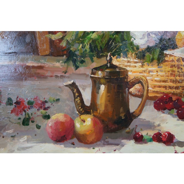 20th C. Realist Still Life Signed Oil Painting Canvas Fruit Violin Flowers 48" For Sale - Image 6 of 12
