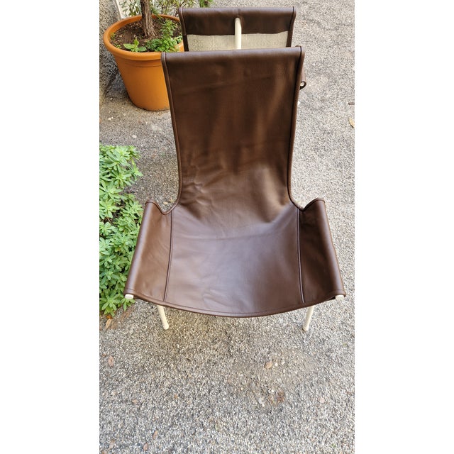 Set of Armchairs in White Lacquered Iron and Brown Full-Grain Leather by Ilaria Marelli for Coro, 1970s For Sale - Image 4 of 14