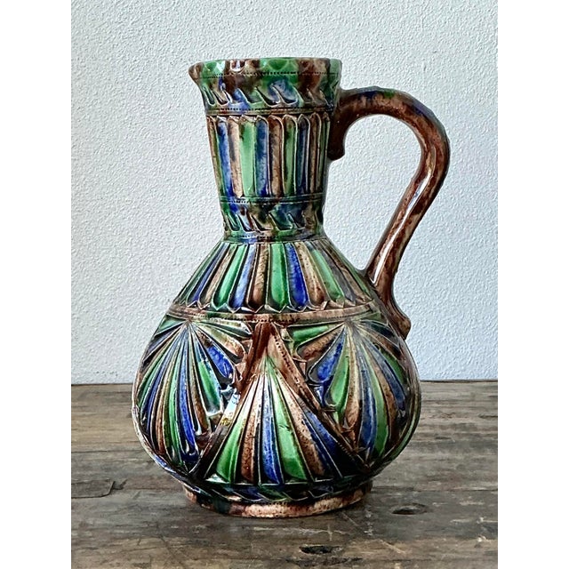 Emerald Vintage Hand Painted Glazed Ceramic Pitcher For Sale - Image 8 of 11