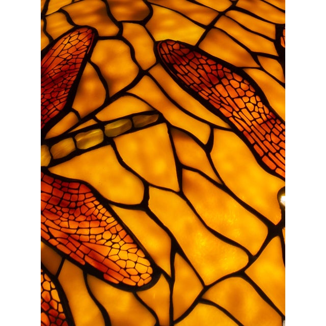 Vintage Art Nouveau Dragonfly Leaded Glass Table Lamp with Bronze Base in the style of Tiffany For Sale - Image 9 of 18