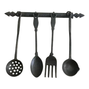 1960s Vintage Hand Made Cast Iron Utensils With a Matching Decorative Wall Hanger - 4 Pieces