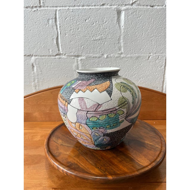 Ceramic Postmodern Studio Pottery Vase, Textured Fat Lava Glaze Abstract Memphis Style For Sale - Image 7 of 11