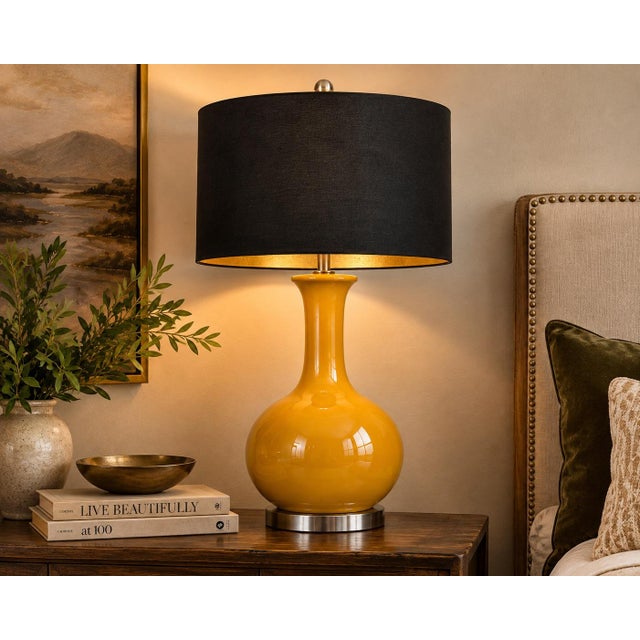 Mid-Century Modern Late 20th Century Mustard Ceramic Gourd Table Lamps With Black & Gold Drum Shades - a Pair For Sale - Image 3 of 4