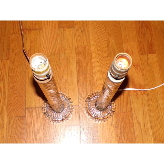 Glass Vintage Pair Art Deco Twisted Glass Column Candlestick Table Lamps For Sale - Image 7 of 11
