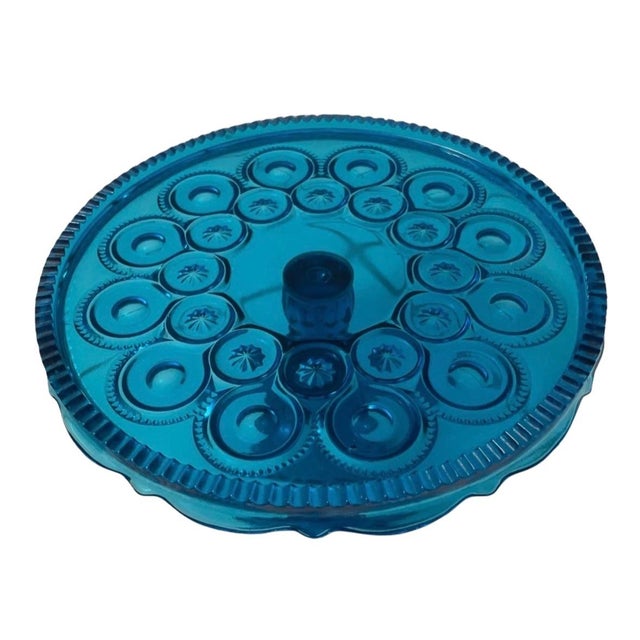American L E Smith Moon & Stars Cake Stand Peacock Blue For Sale - Image 3 of 7