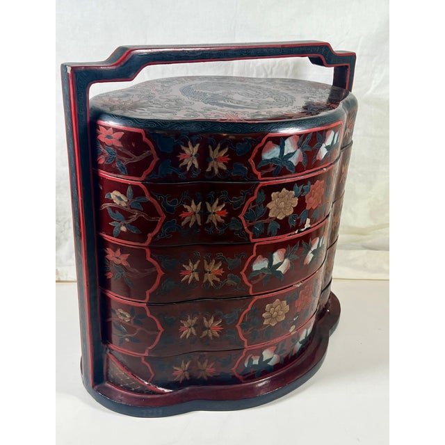 This beautiful piece is a classic antique Chinese 5-tier stacking wedding box (often called a dowry or tiffin box),...
