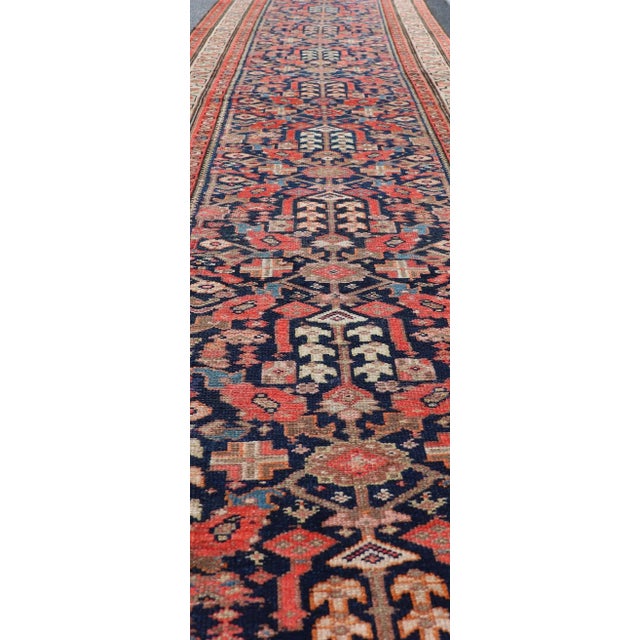 Textile Early 20th Century Antique Malayer Long Runner Rug in Blue Background, Orange and Brown For Sale - Image 7 of 11