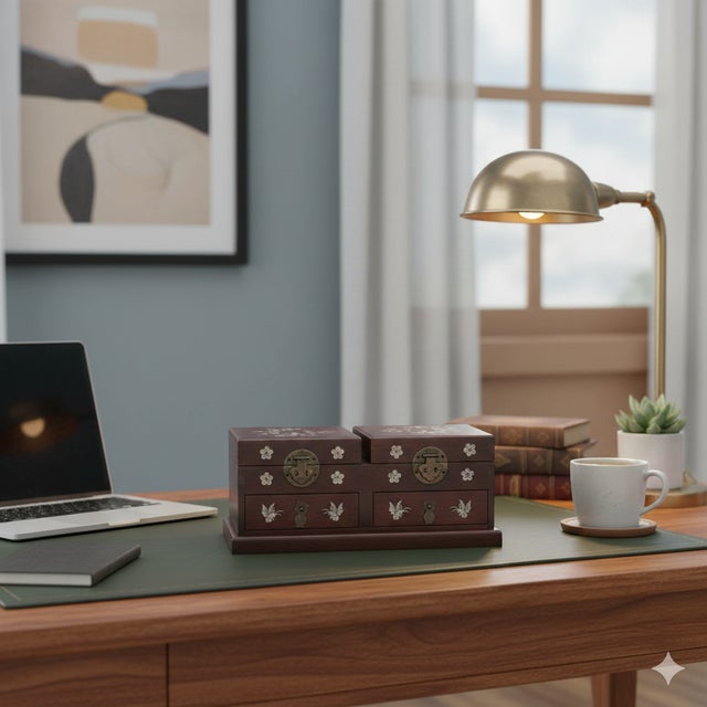 Wood Oriental Brown Mother of Pearl Motif Rectangular Drawers Chest Box For Sale - Image 7 of 10