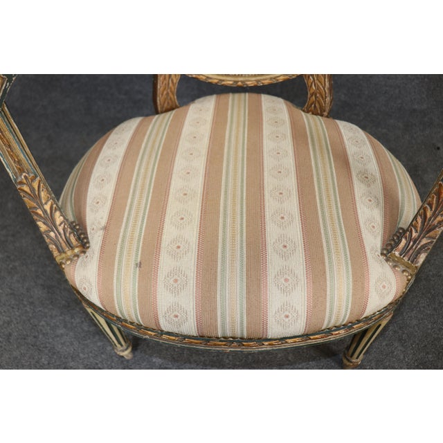 Pair of 19th C. French Louis XVI Paint Decorated & Gilt Carved Armchairs For Sale - Image 12 of 12
