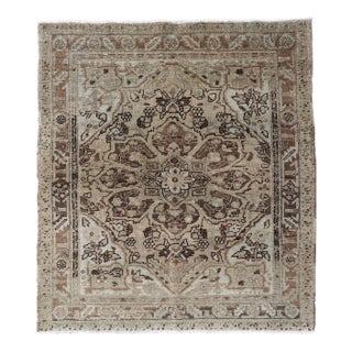 Persian Heriz Rug With Large Central Medallion and Faded Earth-Tone Palette 3'10 X 4'6 For Sale