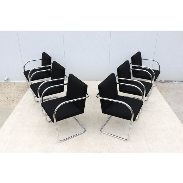 Ludwig Mies Van Der Rohe Brno Tubular Chairs in Black Fabric by Gordon - Set of 6 For Sale - Image 9 of 18