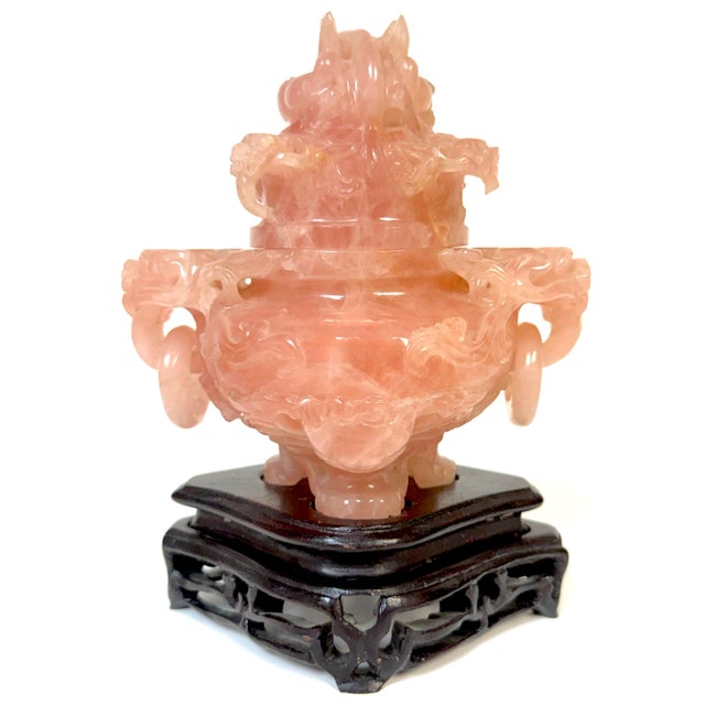 20th C. Chinese Carved Rose Quartz Archaistic Censer with Guardian Lion Finial For Sale - Image 17 of 18