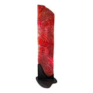 1980s Large 91" Flashed Red Molded Glass Wave Floor Sculpture on Steel Base For Sale