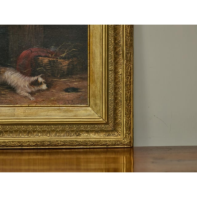 Brown J. Langlois Oil on Board Dog Painting of a Terrier Chasing a Mouse in Gilt Frame For Sale - Image 8 of 12