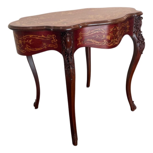 Mid 20th Century Louis XV Style Inlaid Marquetry Console Table With Mother-of-Pearl Accents For Sale