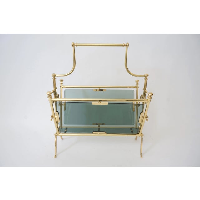 Maison Baguès Mid-Century Maison Bagues Magazine Rack in Polished Brass and Blue-Gray Smoke Glass For Sale - Image 4 of 11