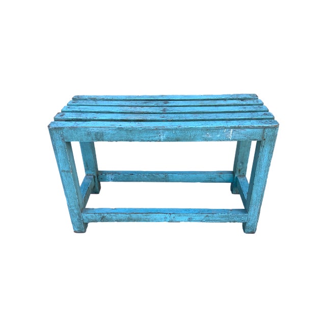 Rustic European Rustic Blue Painted Bench For Sale - Image 3 of 9