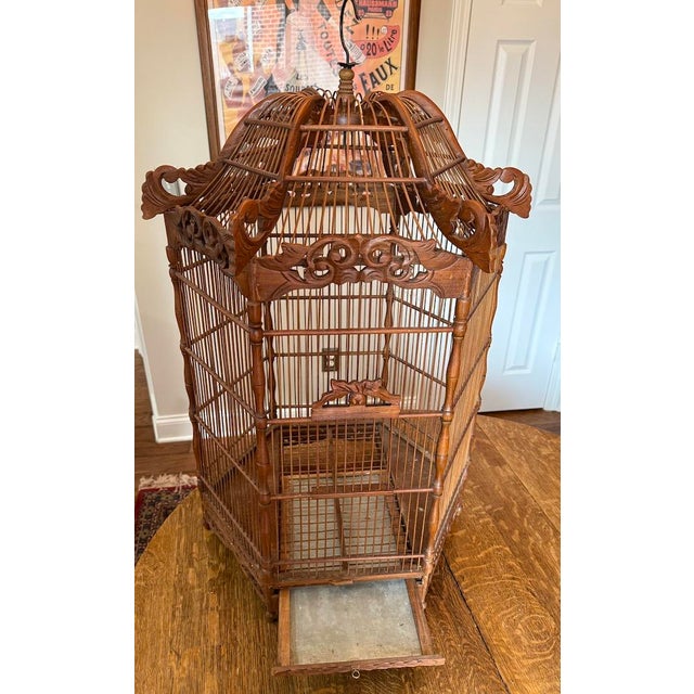 Beautiful Decorative Large Antique Wooden Ornate Pagoda Style Bird Cage For Sale - Image 13 of 18