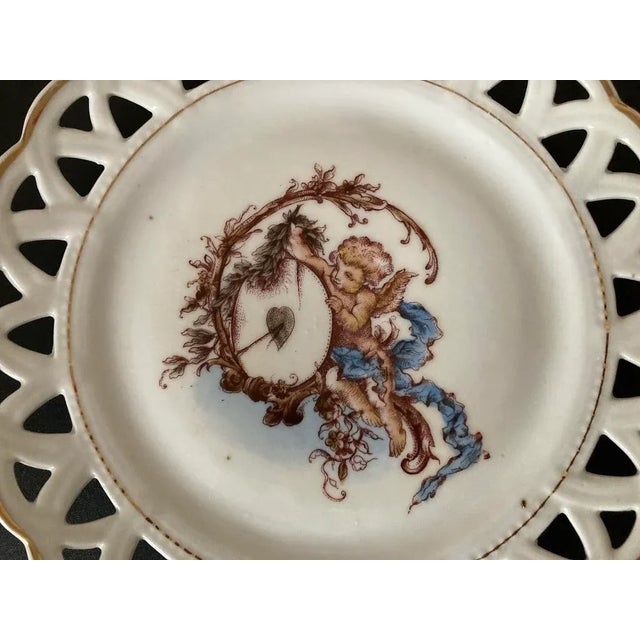 Antique English Romantic Cherub Cupid Valentines Heart Porcelain Plate With Reticulated Margin and Gold Rim For Sale In New York - Image 6 of 12