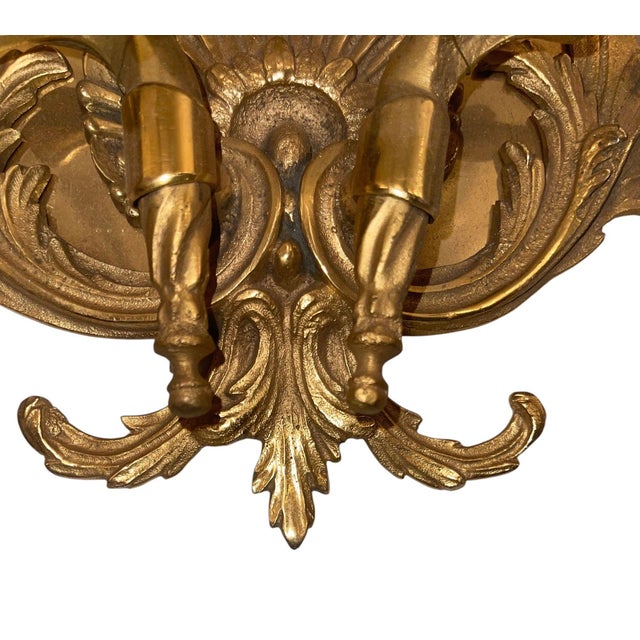 Mid 20th Century Mid 20th Century Pair of French Gilt Bronze Louis XV Style Two-Light Wall Sconces For Sale - Image 5 of 9