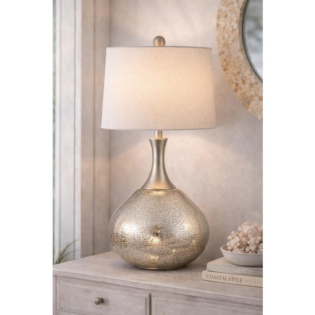 Late 20th Century Large Mercury Glass Table Lamp – Crackle Silver Gourd Form With Brushed Nickel Neck, 30.5” For Sale In Los Angeles - Image 6 of 6