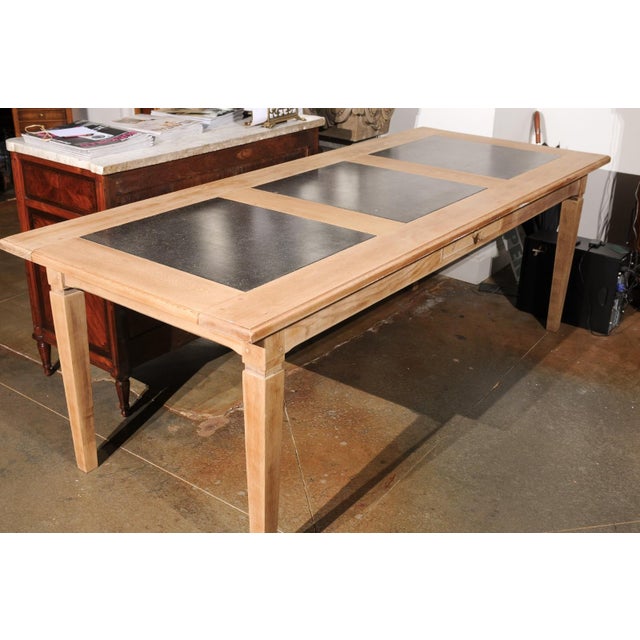 Mid 20th Century Southern French Mid Century Natural Oak Dining Table with Fossil Black Marble Top For Sale - Image 9 of 12