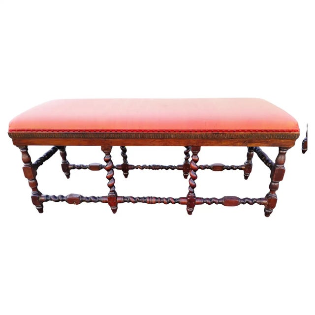 French French Barley Twist Oak Bench | Antique Upholstered Entryway Seating For Sale - Image 3 of 10