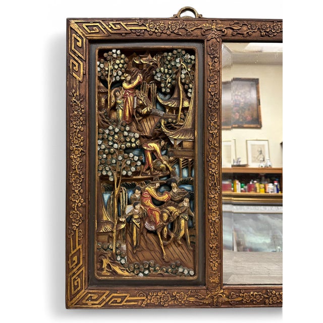 Chinese Antique Chinese Two-Panel Carved Wood and Polychromed Mirror, Circa 1900 For Sale - Image 3 of 12
