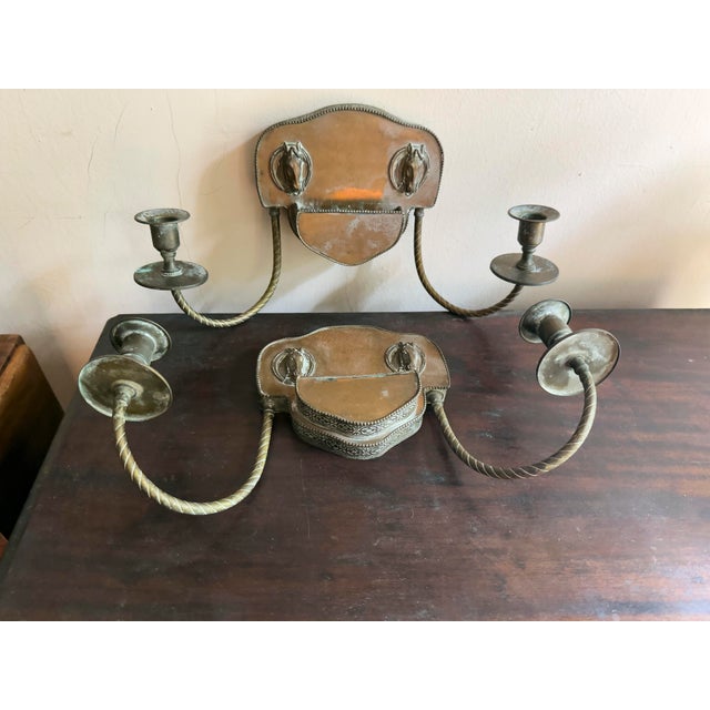 1970s Vintage Colonial Revival Brass Horse Head Double Arm Wall Sconces, Pair For Sale In New York - Image 6 of 16