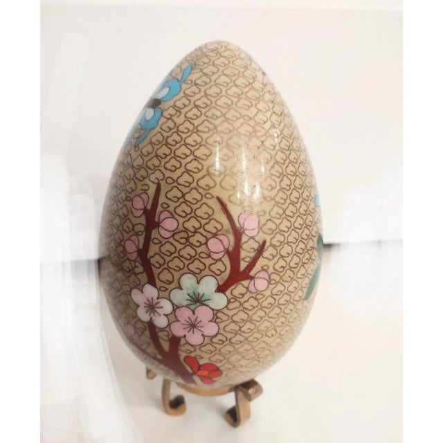 Chinoiserie Vintage Floral Pink Green Brass Cloisonne Egg on Brass Stand For Sale - Image 3 of 9