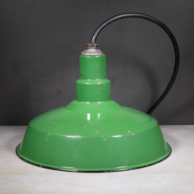 Vintage 18" Enameled Porcelain Green Industrial Pendant Lights c.1930-Set of 3 For Sale - Image 14 of 16