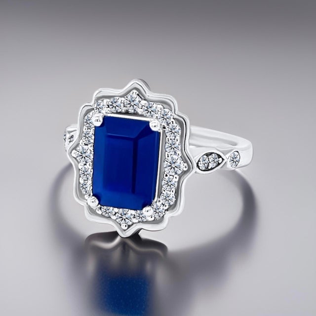 Blue Natural Sapphire Diamond Ring Size 6.5 14k W Gold 3.51 TCW Certified For Sale - Image 8 of 12