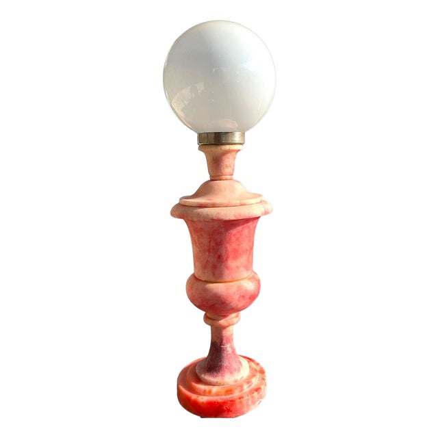 Italian Hand-Carved Pink Alabaster Urn Lamp with White Opaline Glass Shade, 1970s For Sale