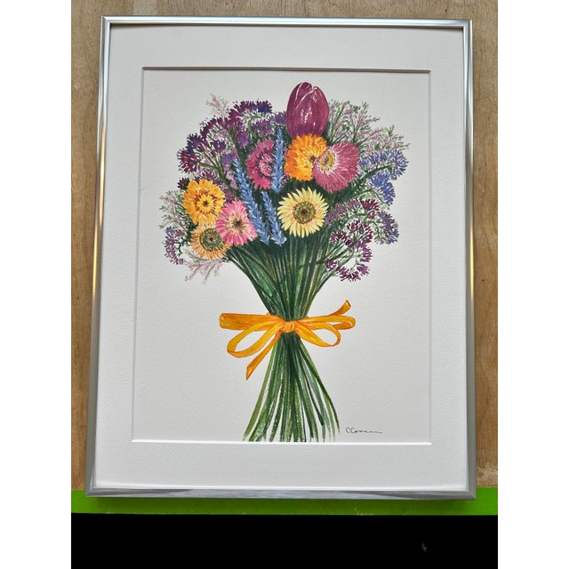 Watercolor Painting Original “Strawflower Bouquet” Framed For Sale - Image 10 of 10