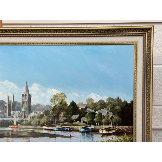 Painting of Figures & Boats on Truro Harbour with Cathedral by British Artist 1985 Circa For Sale - Image 16 of 18