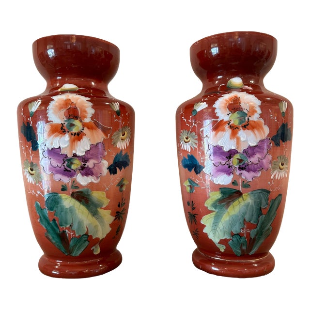 Pair of Large Bristol Milk Glass Victorian Floral Hand Painted Vases For Sale