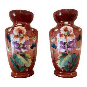 Pair of Large Bristol Milk Glass Victorian Floral Hand Painted Vases
