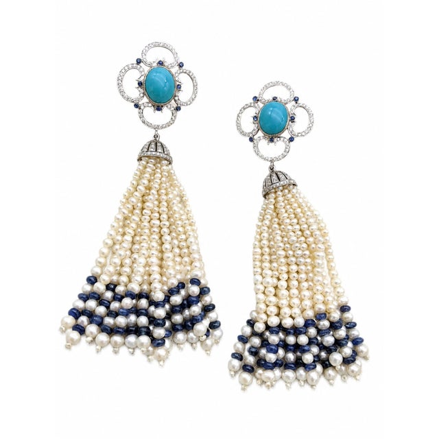 Gemstone Natural Sapphire, Turquoise, Pearl, & Diamond Earring in 14k Gold For Sale - Image 7 of 8