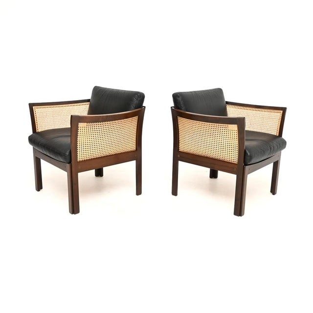 Mid-Century Modern Vintage Danish Leather and Cane Chairs by Illum Wikkelso for CFC Silkeborg, 1960, Set of 2 For Sale - Image 3 of 11