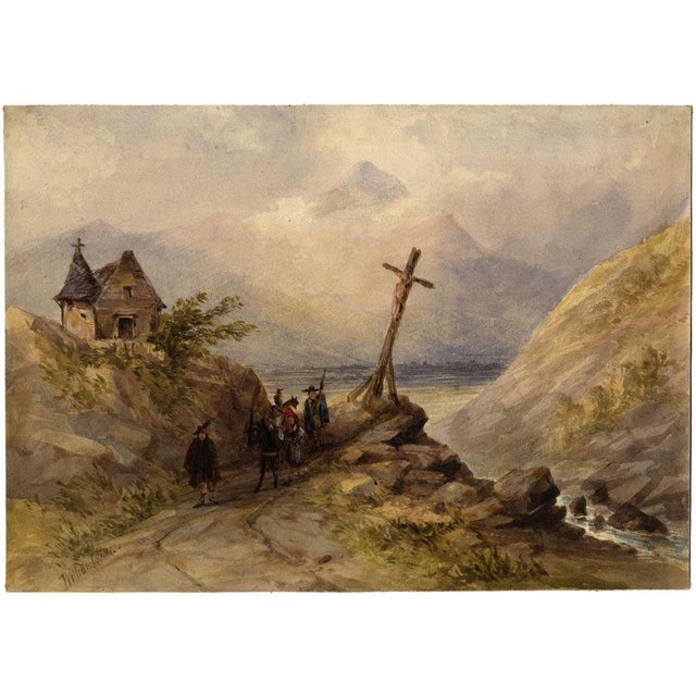 An original early 19th-century watercolour painting, William Oliver RI, Spanish Travellers on a Coastal Path.A delightful...