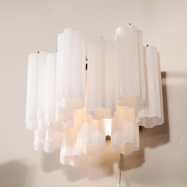 1980s Pair of Mid-Century Modernist Opaline Two-Tier Stepped Tronchi Sconces For Sale - Image 5 of 12