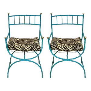 Mid-Century Faux Bamboo Campaign Style Metal Arm Chairs W/ Zebra Velvet - Pair