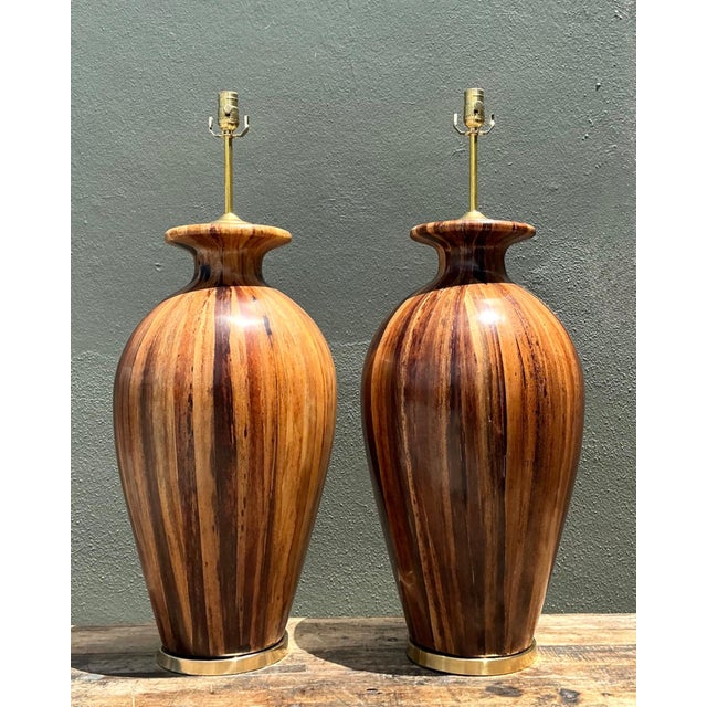 Vintage Striped Wood Table Lamps With Brass Base - a Pair For Sale - Image 13 of 15
