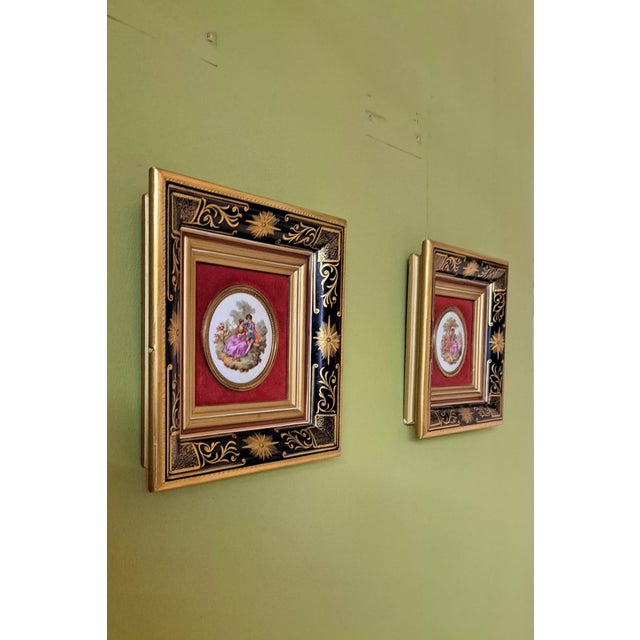 A pair of classic miniature paintings with a central medallion of French Limoges porcelain, decorated with romantic or...