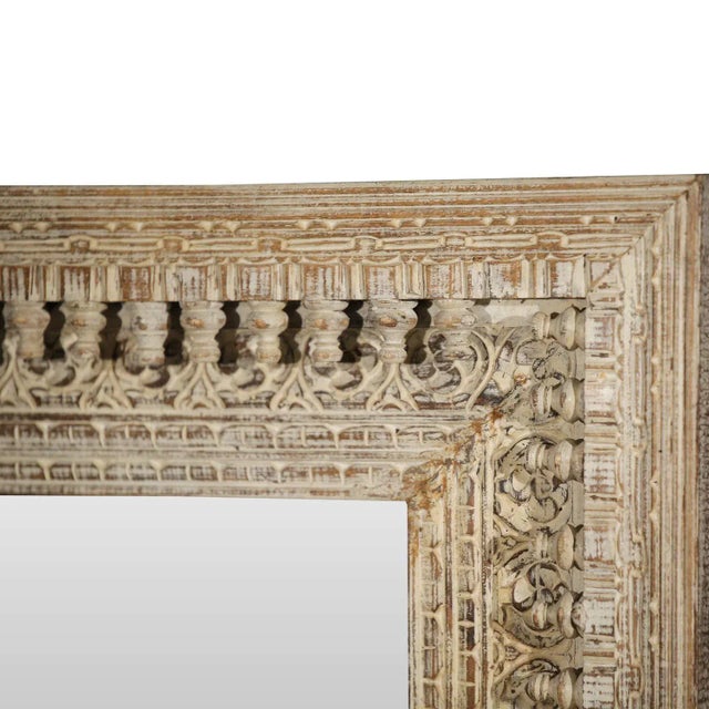 Farmhouse Ornate Moorish Mirror| Hand Carved Distressed Large Mirror | Farmhouse Hotel Entryway Unique Leaning Mirror For Sale - Image 3 of 4