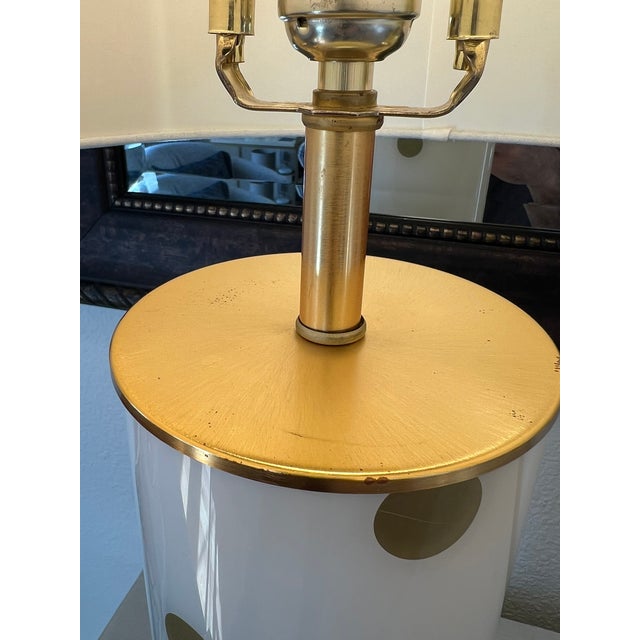 Kate Spade Cream & Gold Pavilion Polka Dot Cylinder Table Lamp W/ Cream Linen Shade; Set of 2 For Sale In San Francisco - Image 6 of 17