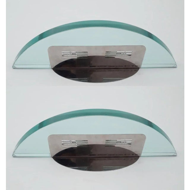 Vintage Italian wall lights with thick beveled glass diffusers mounted on nickel wall brackets / Made in Italy by Fontana...