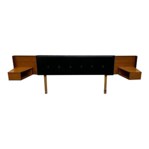 Mid Century Modern Teak & Black Vinyl Queen Size Headboard W/ Nightstands C.1960