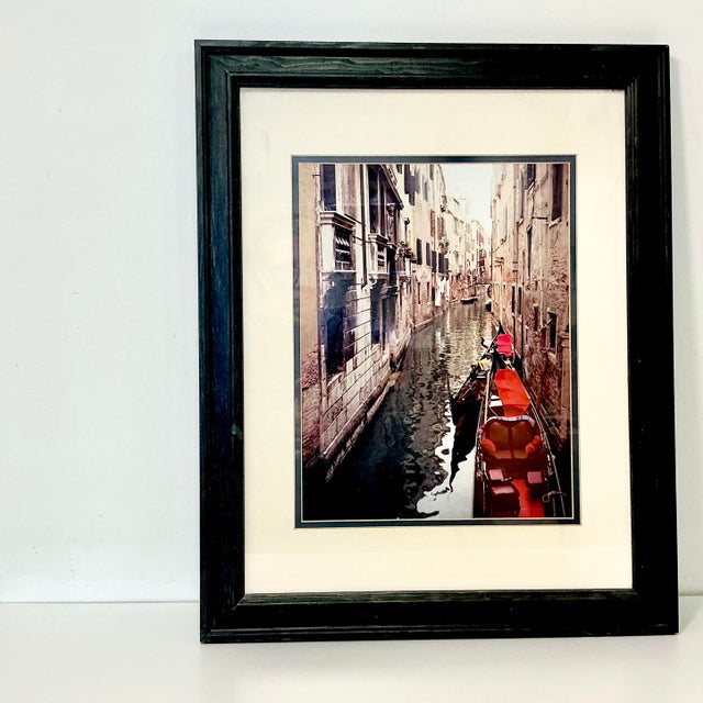 1980s Vintage Italian Boho Chic Cityscape Canal With Red Gondola at Dock Framed Photography For Sale - Image 4 of 18